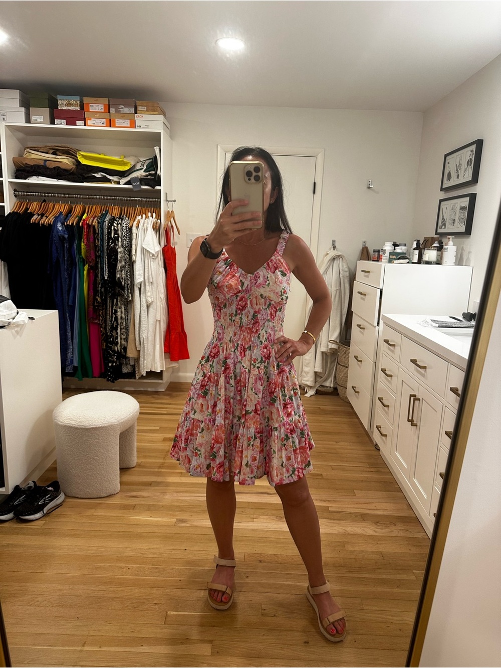 Floral Pink Smocked Mini Dress with V-Neckline - Picture 2 of 9